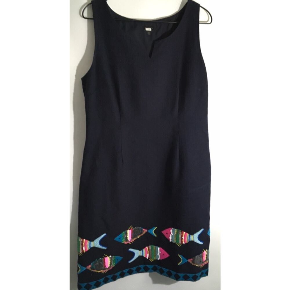 Talbots Women Sz 10 Navy Blue Embroidered Sequin Fish Nautical Sleeveless Dress